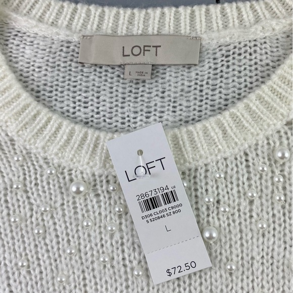 NWT LOFT cream pearl beaded embellished crew neck soft sweater wms sz Lg - Picture 5 of 8